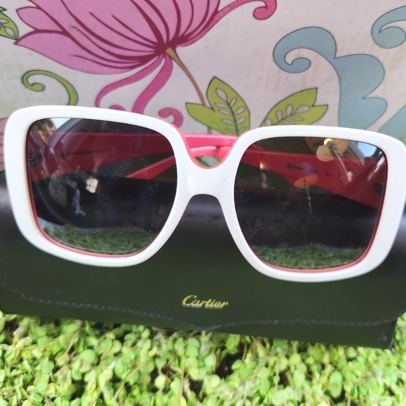 CARTIER White Red Pink Logo France Luxury Oversized CHARLIE Unisex Sunglasses 6" - Picture 4 of 16